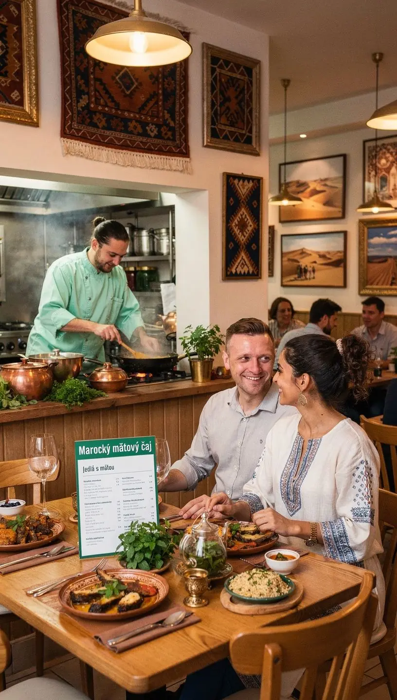 Pohľad na slnečné marocké námestie s predajcami mätových nápojov.